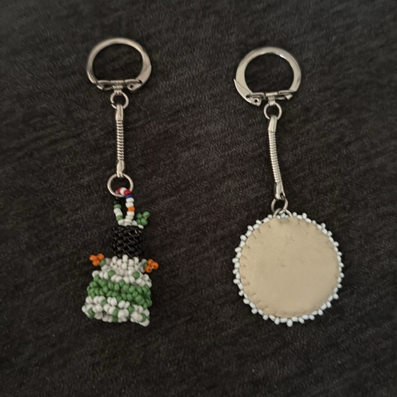 2 vintage Beaded Keychain Set with Colorful Designs leather backing on one - Picture 2 of 2